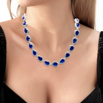 80ctw Pear Cut Blue Sapphire Halo Statement Necklace