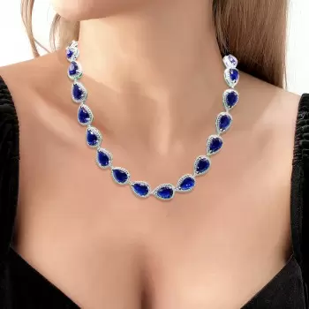 80ctw Pear Cut Blue Sapphire Halo Statement Necklace