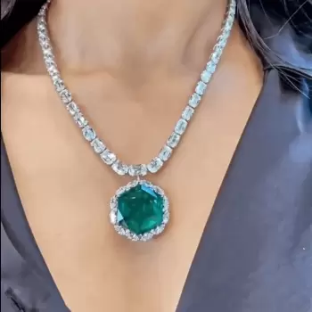 20ct Hexagon Cut Emerald Halo Pendant Statement Necklace