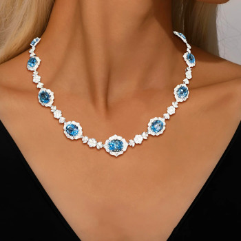 30ctw Oval Cut Aquamarine Flower Design Vintage Necklace
