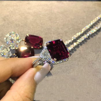 Cushion Cut Ruby Earrings Ring and Necklace Jewelry Set