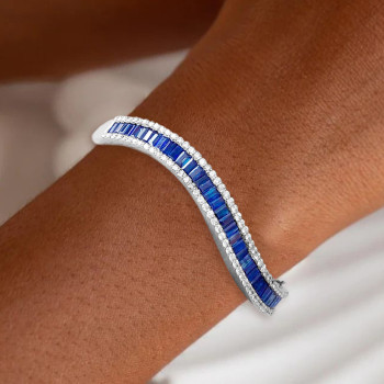 Baguette Cut Invisible Set Blue Sapphire Wave Bangle