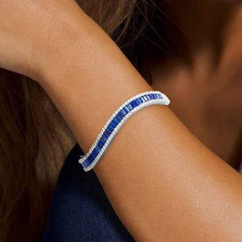 Baguette Cut Invisible Set Blue Sapphire Wave Bangle