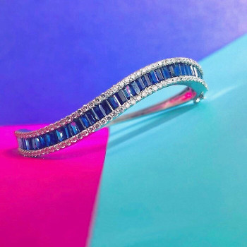 Baguette Cut Invisible Set Blue Sapphire Wave Bangle