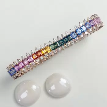 Emerald Cut Rainbow Color Sapphire Tennis Bracelet