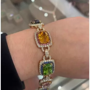 49ctw Cushion Cut Multicolor Sapphire Halo Statement Bracelet