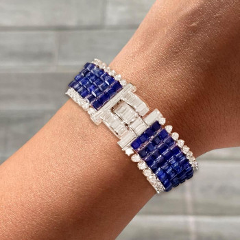 26ctw Princess Cut Blue Sapphire Four Row Statement Bracelet