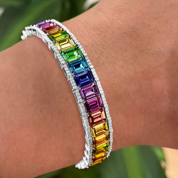 20ctw Emerald Cut Rainbow Sapphire Tennis Bangle Bracelet