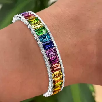 20ctw Emerald Cut Rainbow Sapphire Tennis Bangle Bracelet