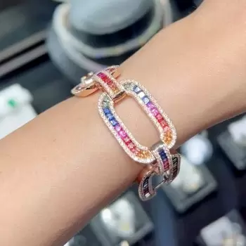 20ctw Princess Cut Rainbow Sapphire Large Link Statement Bracelet