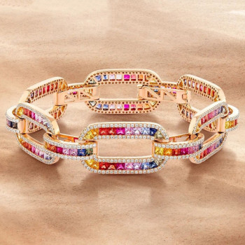 20ctw Princess Cut Rainbow Sapphire Large Link Statement Bracelet
