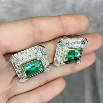 Vintage Halo Asscher Cut Emerald Stud Earrings