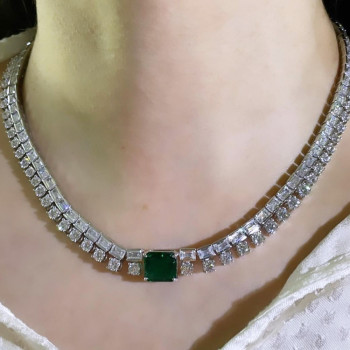 6.8ct Cushion Cut Emerald Two-Row Statement Necklace