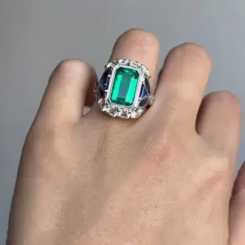 5.3ct Emerald Cut Emerald Halo Vintage Engagement Ring