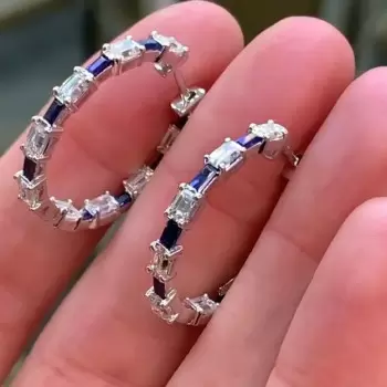 3.5ct Baguette Cut Blue Sapphire Hoop Earrings