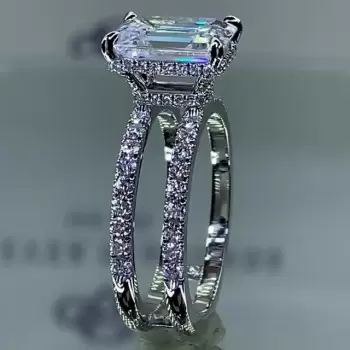 4ct Emerald Cut White Sapphire Double Band Engagement Ring