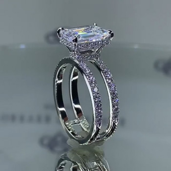 4ct Emerald Cut White Sapphire Double Band Engagement Ring