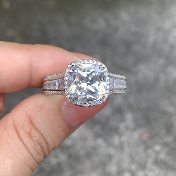 Halo Cushion Cut Sterling Silver Engagement Ring