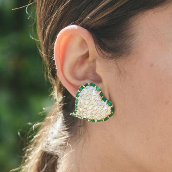Emerald and White Sapphire Heart Stud Earrings
