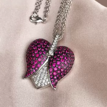 Two Tone Ruby Paved Tulip Heart Necklace