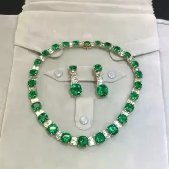 Cushion Cut Emerald Necklace & Earrings & Ring 3pcs Jewelry Set