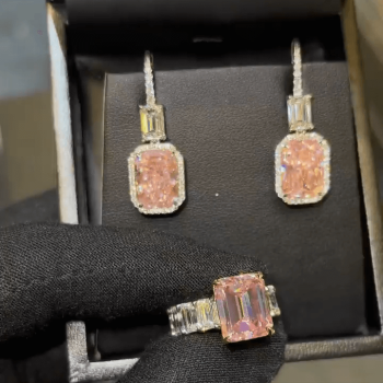 Emerald Cut Pink Sapphire Ring & Earrings Jewelry Set