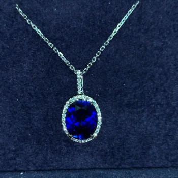 Halo Oval Cut Blue Sapphire Pendant Necklace