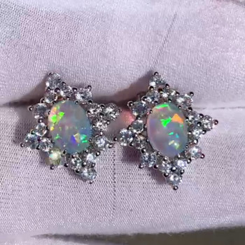 Vintage Halo Oval Cut White Opal Stud Earrings