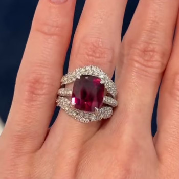 6.5ct Cushion Cut Ruby Paved Wedding Ring Set