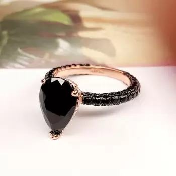 3ct Pear Cut Black Sapphire Three Sided Band Engagement Ring