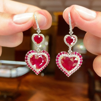 3.5ctw Heart Cut Ruby Halo Drop Earrings