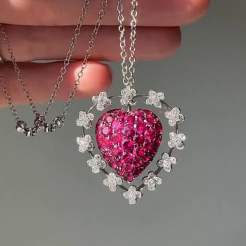 8ctw Ruby and White Flower Halo Heart Necklace