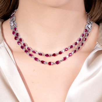 52ctw Oval Cut Ruby Art-deco Two Row Statement Necklace