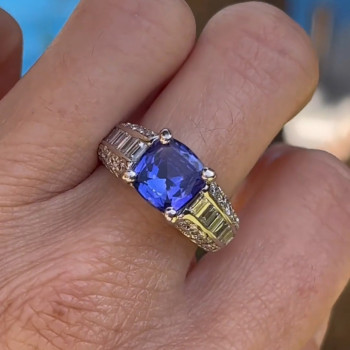 5.6ct Cushion Cut Tanzanite Blue Sapphire Engagement Ring
