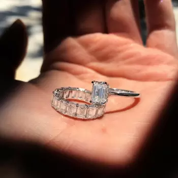 2ct Emerald Cut White Sapphire 2pcs Bridal Set