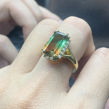 6.2ct Halo Emerald Cut Bicolor Tourmaline Engagement Ring
