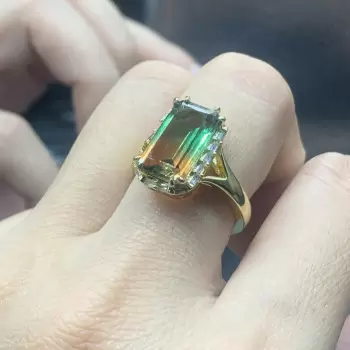 6.2ct Halo Emerald Cut Bicolor Tourmaline Engagement Ring