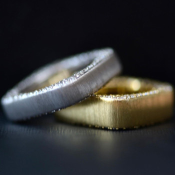Paved White Sapphire Matte Square Wedding Band