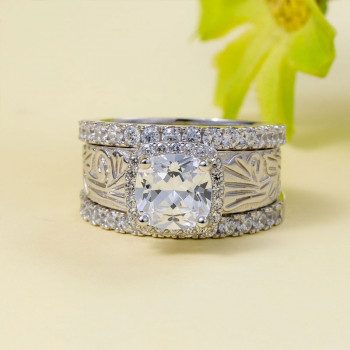 2ct Cushion Cut White Sapphire 3pcs Bridal Set