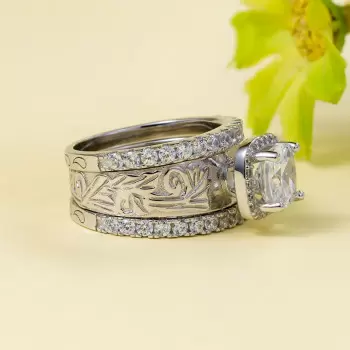 2ct Cushion Cut White Sapphire 3pcs Bridal Set
