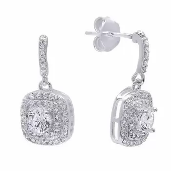 Double Halo Cushion Cut White Sapphire Drop Earrings