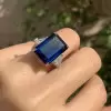 16ct Emerald Cut Blue Sapphire Three Stone Engagement Ring