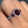 Vintage 3ctw Halo Oval Cut Ruby Three Stone Engagement Ring