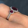 Vintage 3ctw Halo Oval Cut Ruby Three Stone Engagement Ring