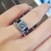 Handmade Three Stone Halo Round Cut Sterling Silver Ring Set