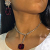 Cushion Cut Ruby Earrings Ring and Necklace Jewelry Set