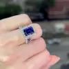 3.8ct Halo Emerald Cut Blue Sapphire 3pcs Bridal Set