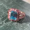 4ct Emerald Cut Aquamarine Pink Halo Cocktail Ring