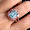 4ct Emerald Cut Aquamarine Pink Halo Cocktail Ring