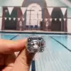 Asscher Cut White Sapphire Engagement Ring with 2 Half-moon Sidestones